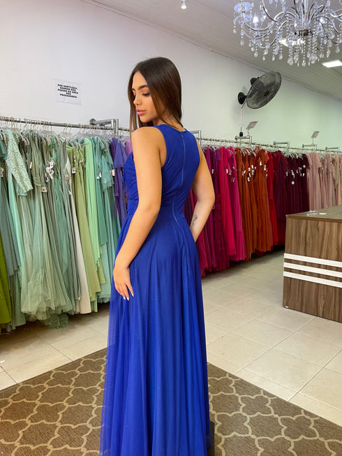 VESTIDO DE GOLA TULE TRABALHADO
